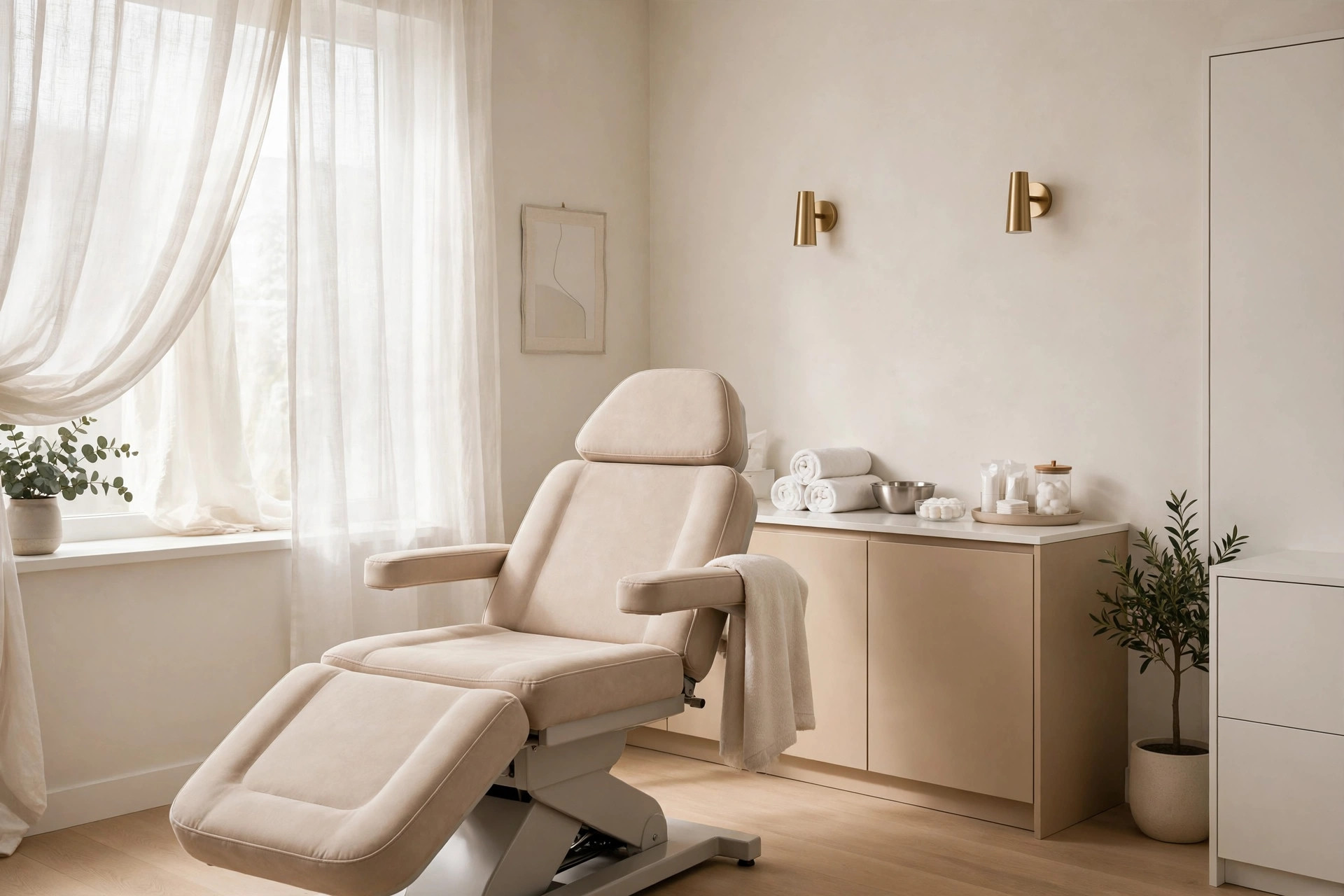 Bright modern med spa treatment room with a reclining treatment chair