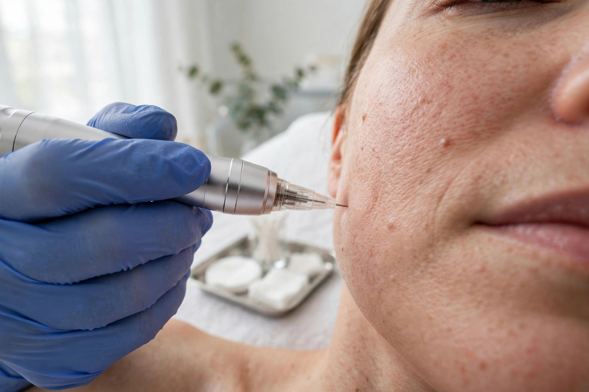 Microneedling treatment being performed in a bright clinical spa setting