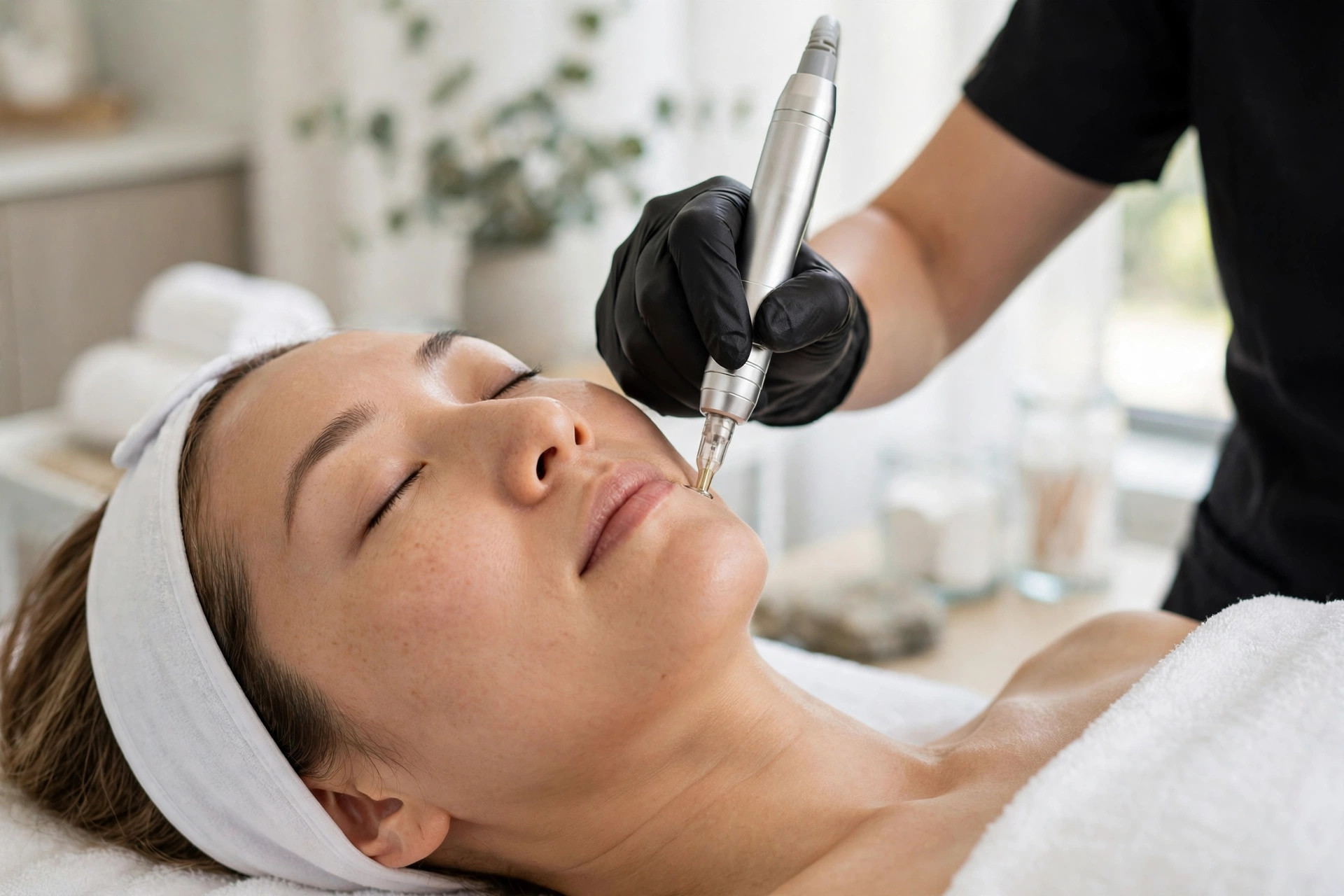 Microdermabrasion treatment on a client's face at a med spa